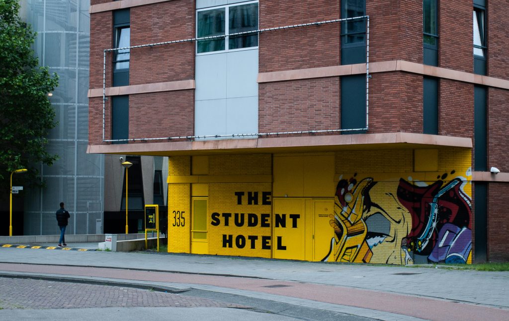 Student accommodation with a modern brick building.